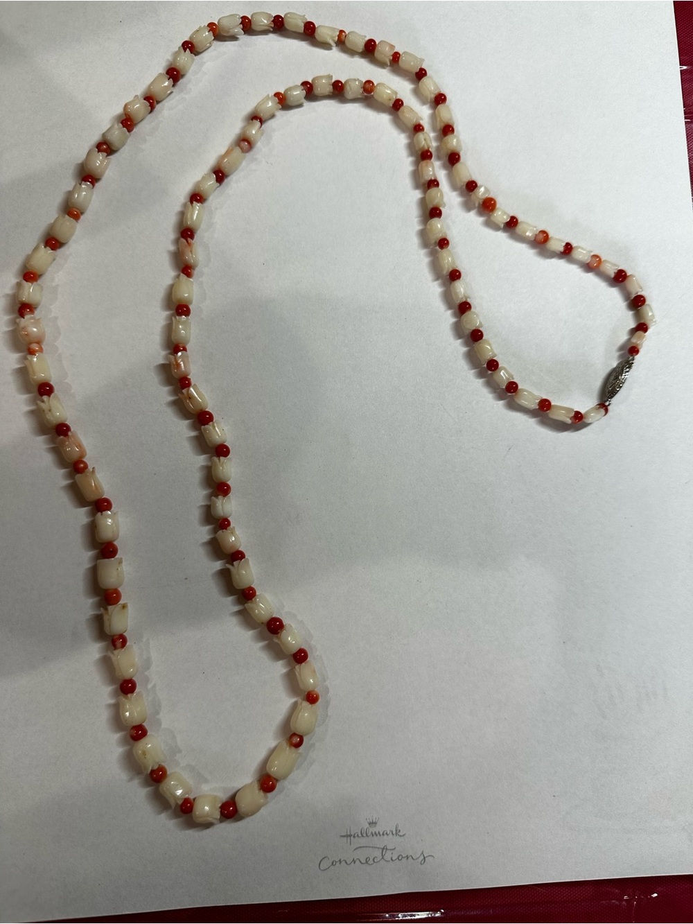 Vintage Carved Tulip Flower Bead Necklace Silver Clasp Red Accents 30 In